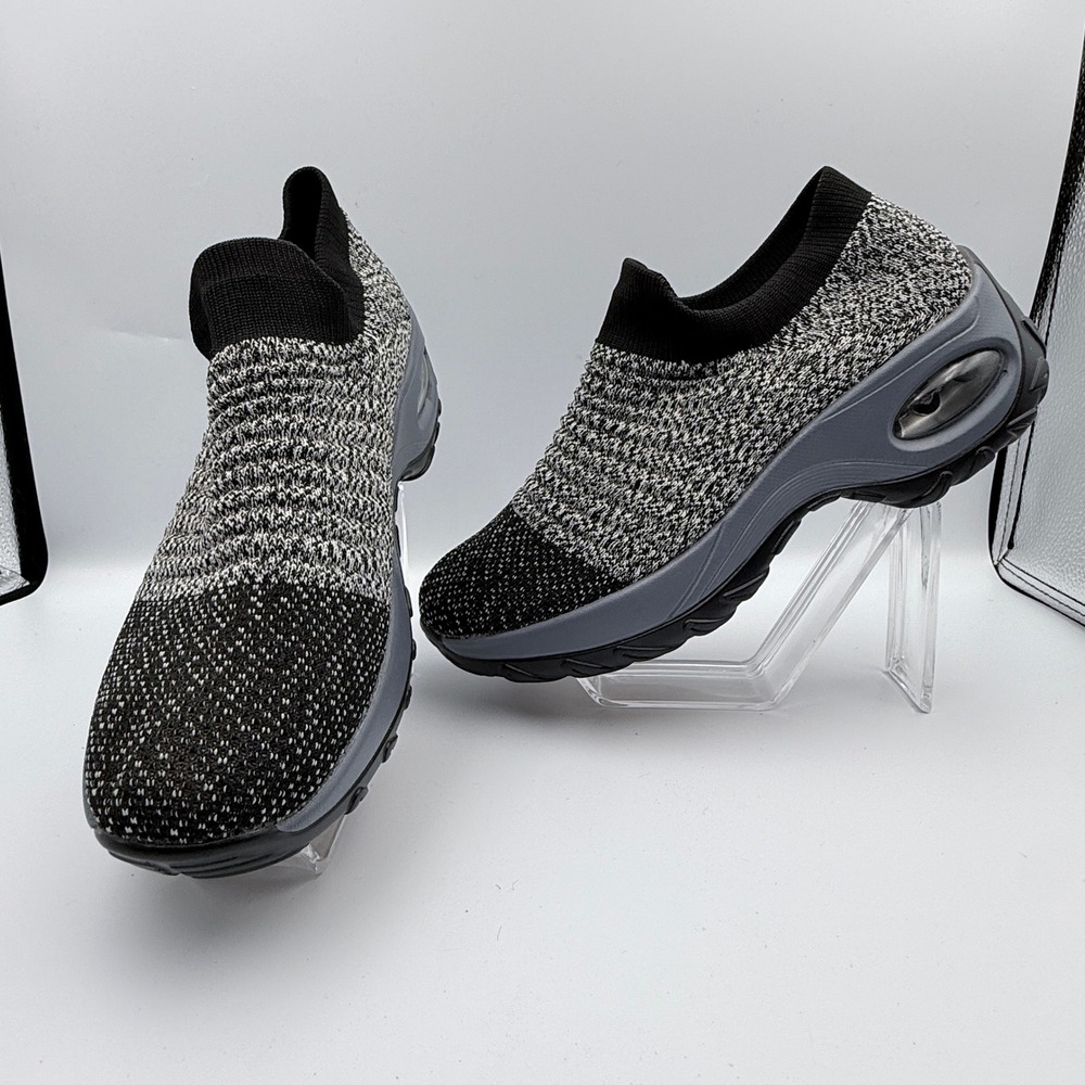 Mishansha Slip On Walking Shoes Womens 8.5 Black Grey Knit Air Cushion Sneakers